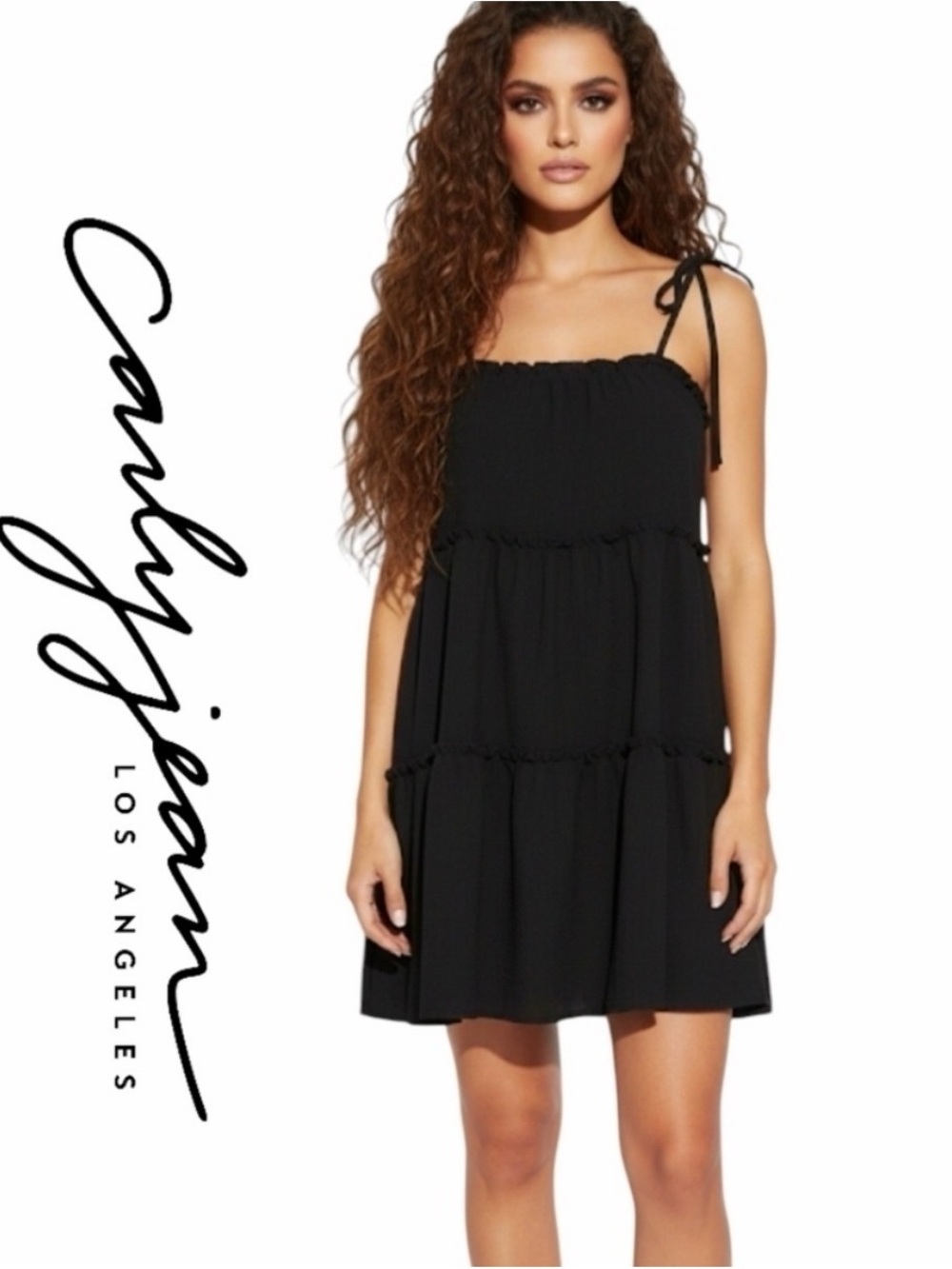 Carly Jean Los Angeles Black Tie-Shoulder Tiered Mini Dress